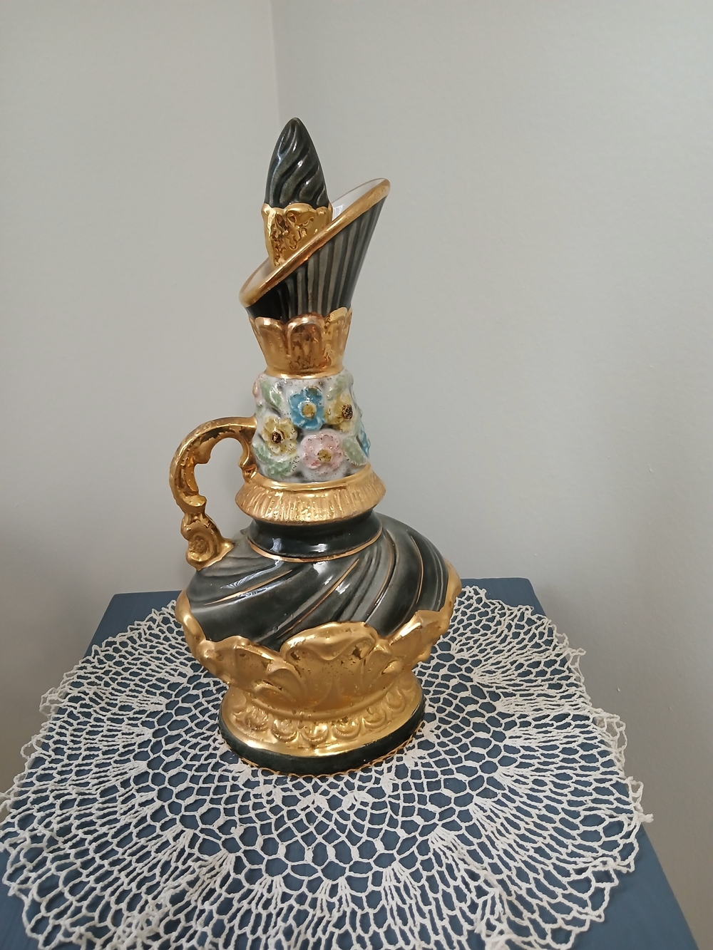 Gold and Dark Black Ceramic Decorative Pitcher with Floral Accent